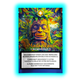 Nahaufnahme: Maui Waui Indoor-Beutel. Tropisches Blatt-Design kombiniert mit gesetzlichen Raucher-Warntexten.