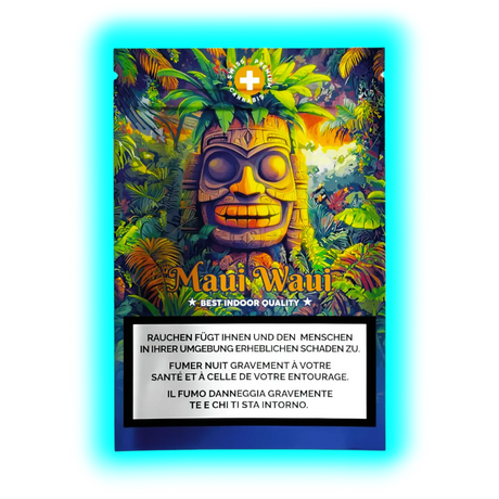 Maui Waui Best Indoor Quality – Produktverpackung mit exotischem Pflanzen-Artwork und dreisprachigen Gesundheitshinweisen.