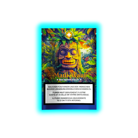 Verpackung mit tropischem Pflanzenmuster und der Aufschrift 'Maui Waui BEST INDOOR QUALITY' sowie einem mehrsprachigen Warnhinweis zum Rauchen