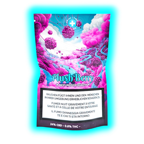Verpackungs-Ausschnitt Plush Berry: Stilisierte Beerenmotive in Blau & Pink umgeben die gesetzlichen Warnhinweise zum Rauchen.