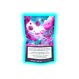 Schriftzug ‚Plush Berry BEST INDOOR QUALITY‘ auf Packung mit Warntexten und farbenfrohen Pflanzen-Illustrationen (Pink/Blau)