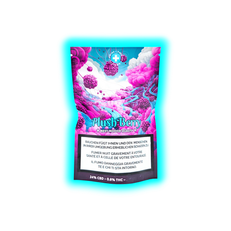 Schriftzug ‚Plush Berry BEST INDOOR QUALITY‘ auf Packung mit Warntexten und farbenfrohen Pflanzen-Illustrationen (Pink/Blau)