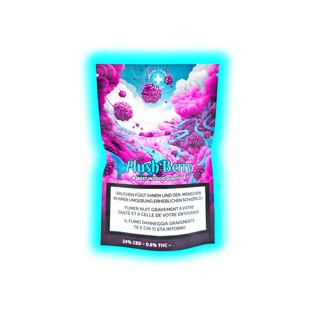Schriftzug ‚Plush Berry BEST INDOOR QUALITY‘ auf Packung mit Warntexten und farbenfrohen Pflanzen-Illustrationen (Pink/Blau)