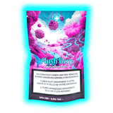 Detailansicht: Plush Berry Label mit Gesundheitshinweisen, umrahmt von kunstvollen Beeren-Illustrationen in Blau- und Pinktönen.