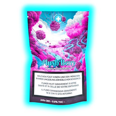 Detailansicht: Plush Berry Label mit Gesundheitshinweisen, umrahmt von kunstvollen Beeren-Illustrationen in Blau- und Pinktönen.