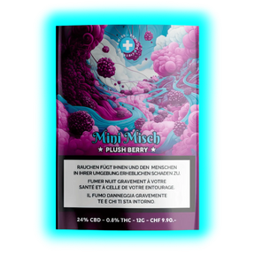 Detailansicht: Design der Sorte ‚Misch Plush Berry‘. Künstlerische Darstellung von Beeren in einer abstrakten Wolkenwelt.