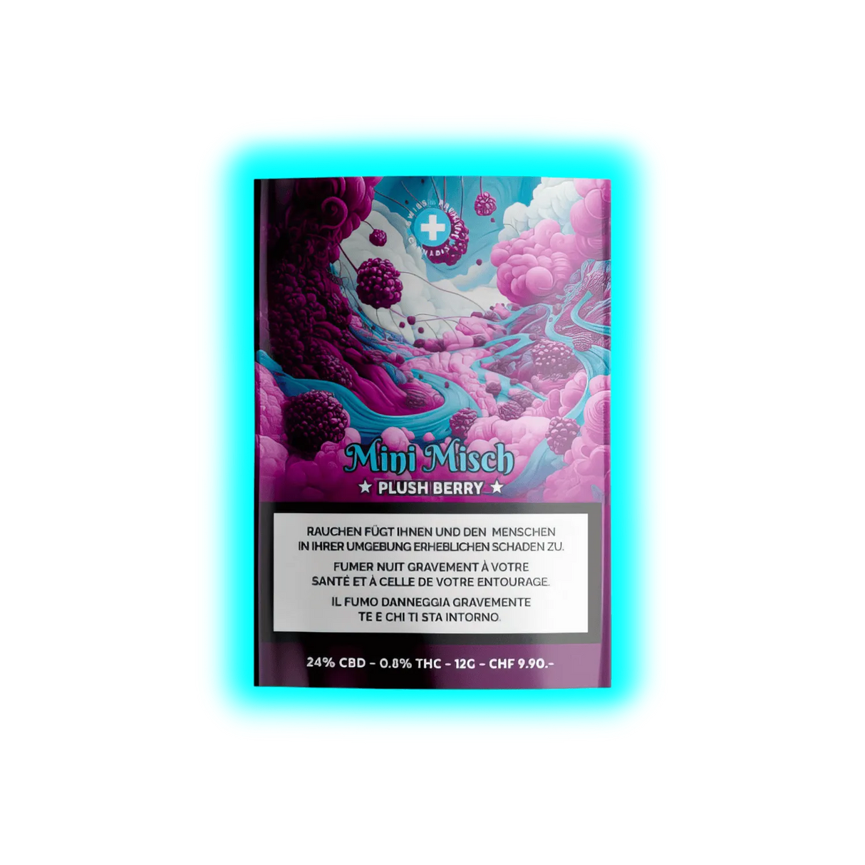 Schriftzug ‚Misch Plush Berry‘ auf Packung mit surrealer Beeren-Illustration inmitten von Wolken. Kreatives Produktdesign.