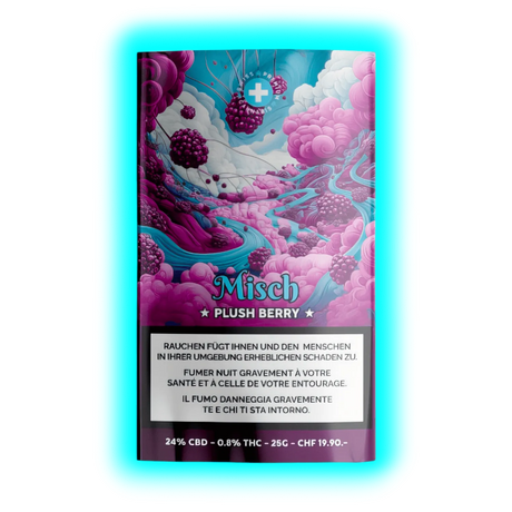 Detail der ‚Misch Plush Berry‘ Verpackung. Gezeigt wird eine künstlerische Beeren-Illustration inmitten einer traumähnlichen Wolkenlandschaft.“