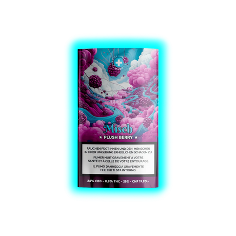 Verpackung mit der Aufschrift 'Misch Plush Berry' und einer Illustration von Beeren in einer surrealen, wolkenartigen Landschaft