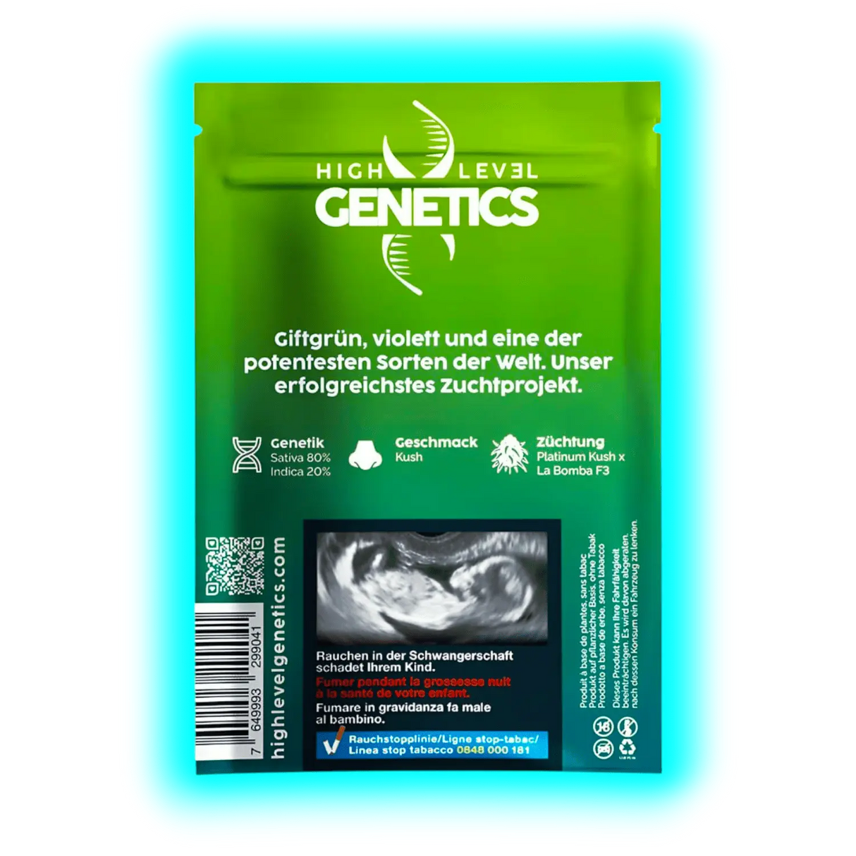 Grüne Verpackung mit dem Schriftzug 'HIGH LEVEL GENETICS' und Beschreibung einer starken Cannabissorte mit Genetikangabe, Geschmack und Züchtung, inklusive Warnhinweis mit Ultraschallbild zur Schädlichkeit des Rauchens in der Schwangerschaft.