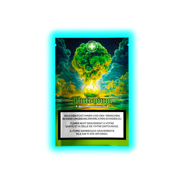 Misch PLUTONIUM CBD-Blüten (25%). Verpackung mit atomarem Pilz-Motiv, Preisangabe 19,90 und Laborwerten.