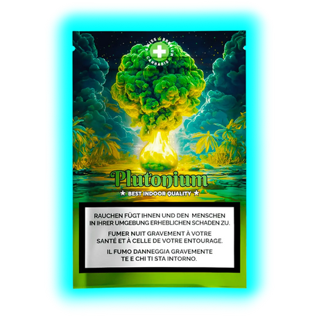 Ausschnitt: Die grüne Pilzwolke der ‚Misch PLUTONIUM‘ Verpackung über den gesetzlichen Gesundheitshinweisen