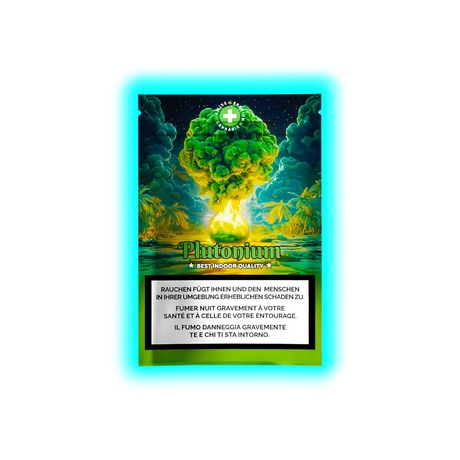 Misch PLUTONIUM: 25g für CHF 19,90. Design mit grüner Pilzwolke, 25% CBD und mehrsprachigen Warntexten.