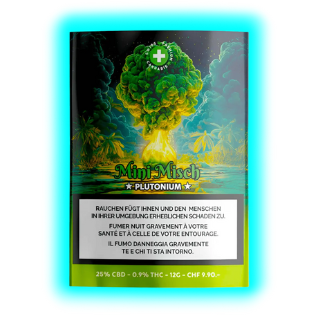 Misch PLUTONIUM: 25g für CHF 19,90. Design mit grüner Pilzwolke, 25% CBD und mehrsprachigen Warntexten.