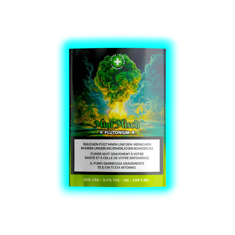 Misch PLUTONIUM CBD-Blüten (25%). Verpackung mit atomarem Pilz-Motiv, Preisangabe 19,90 und Laborwerten.
