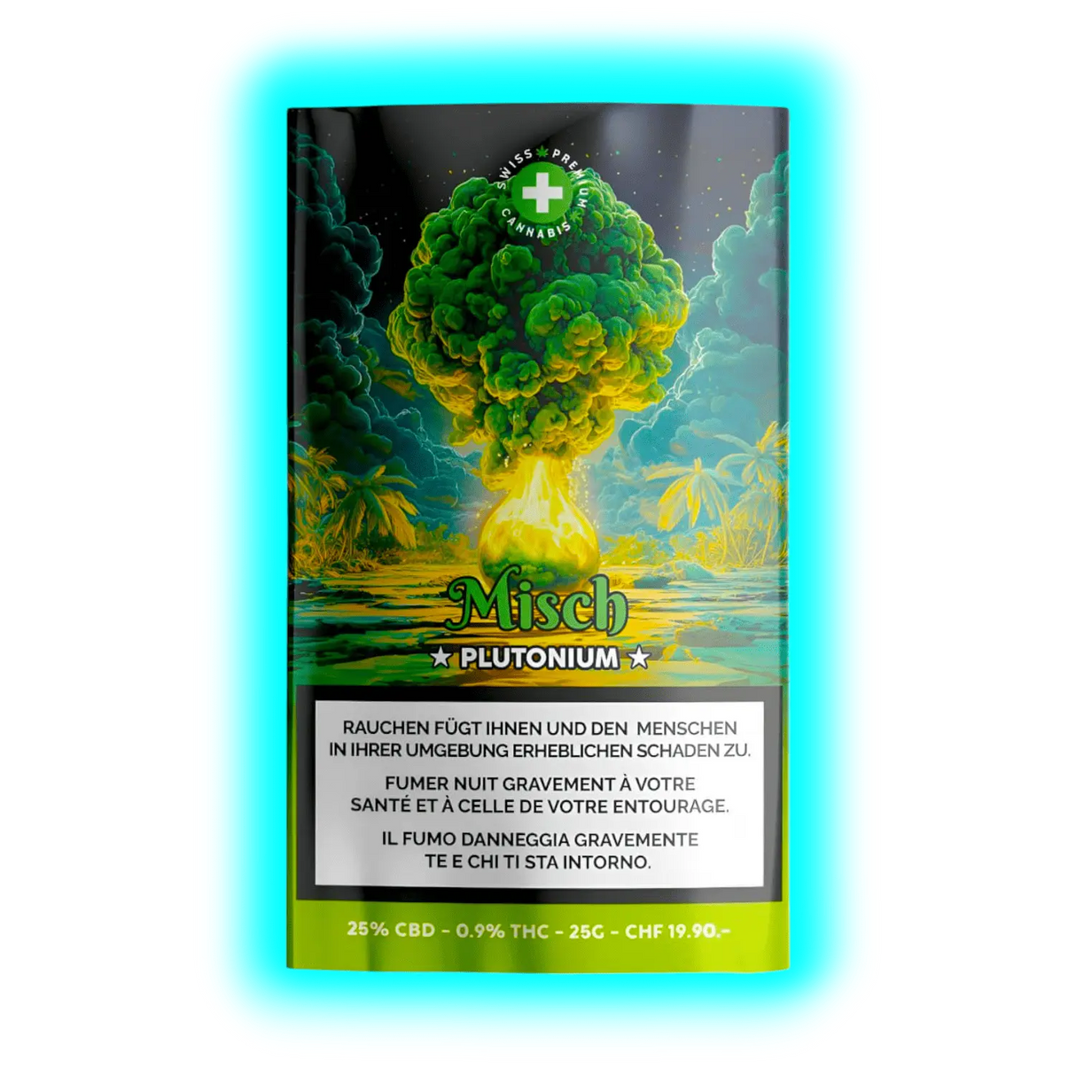 Misch PLUTONIUM CBD-Blüten (25%). Verpackung mit atomarem Pilz-Motiv, Preisangabe 19,90 und Laborwerten.