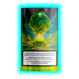 Misch PLUTONIUM CBD-Blüten (25%). Verpackung mit atomarem Pilz-Motiv, Preisangabe 19,90 und Laborwerten.