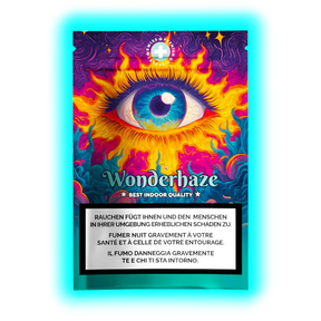 Wonderhaze Best Indoor Quality‘ Packung mit flammendem Auge und Wolken-Design über dreisprachigen Warnhinweisen.
