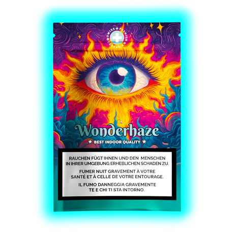 Wonderhaze Best Indoor Quality‘ Packung mit flammendem Auge und Wolken-Design über dreisprachigen Warnhinweisen.