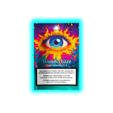 Brennendes Augen-Motiv zwischen Wolken auf der ‚Wonderhaze Best Indoor Quality‘ Packung mit mehrsprachigen Warnhinweisen.