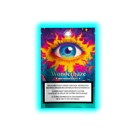 Brennendes Augen-Motiv zwischen Wolken auf der ‚Wonderhaze Best Indoor Quality‘ Packung mit mehrsprachigen Warnhinweisen.