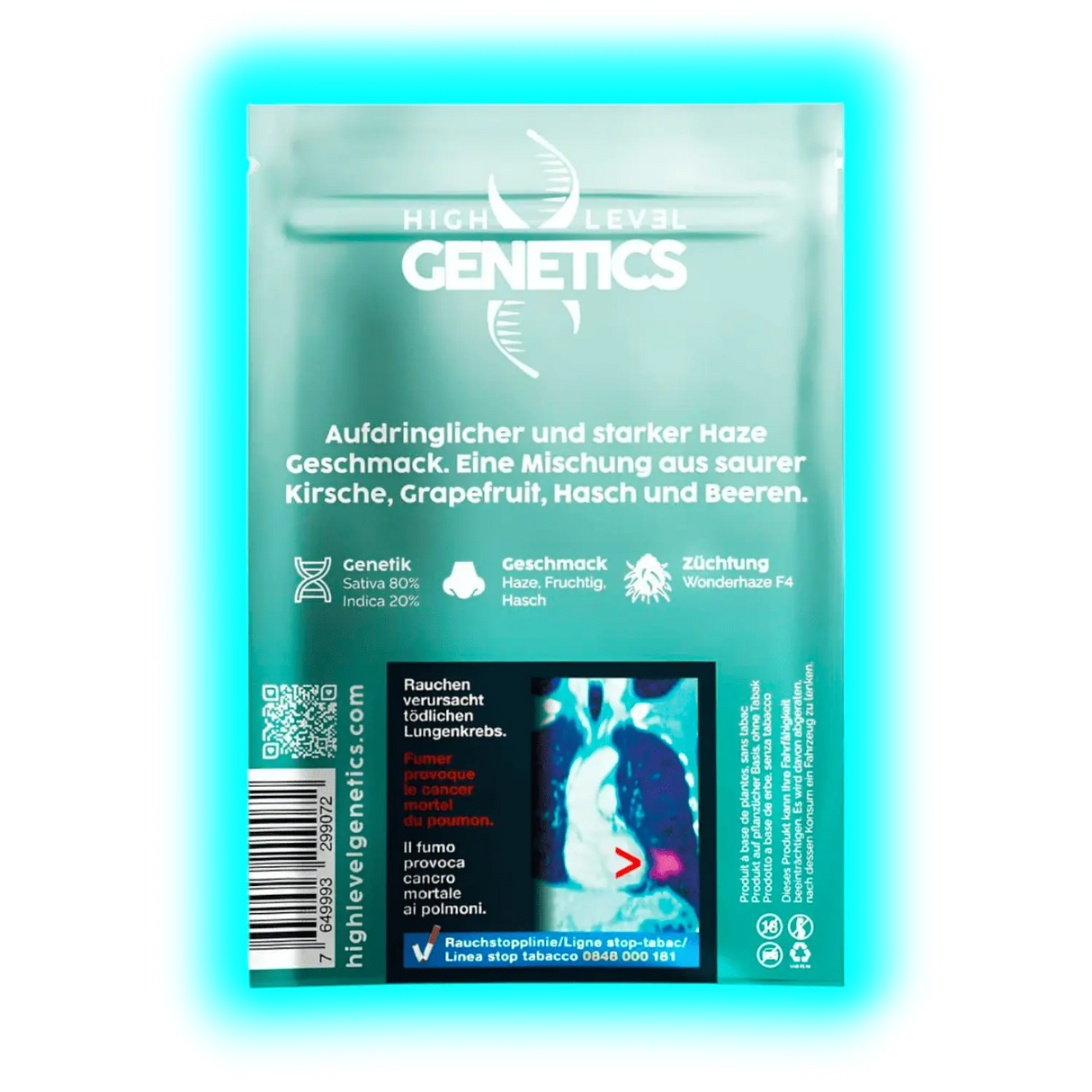 High Level Genetics: Verpackung mit Aromen von Grapefruit und Hasch, Züchtungsdetails und mehrsprachiger Raucherwarnung.