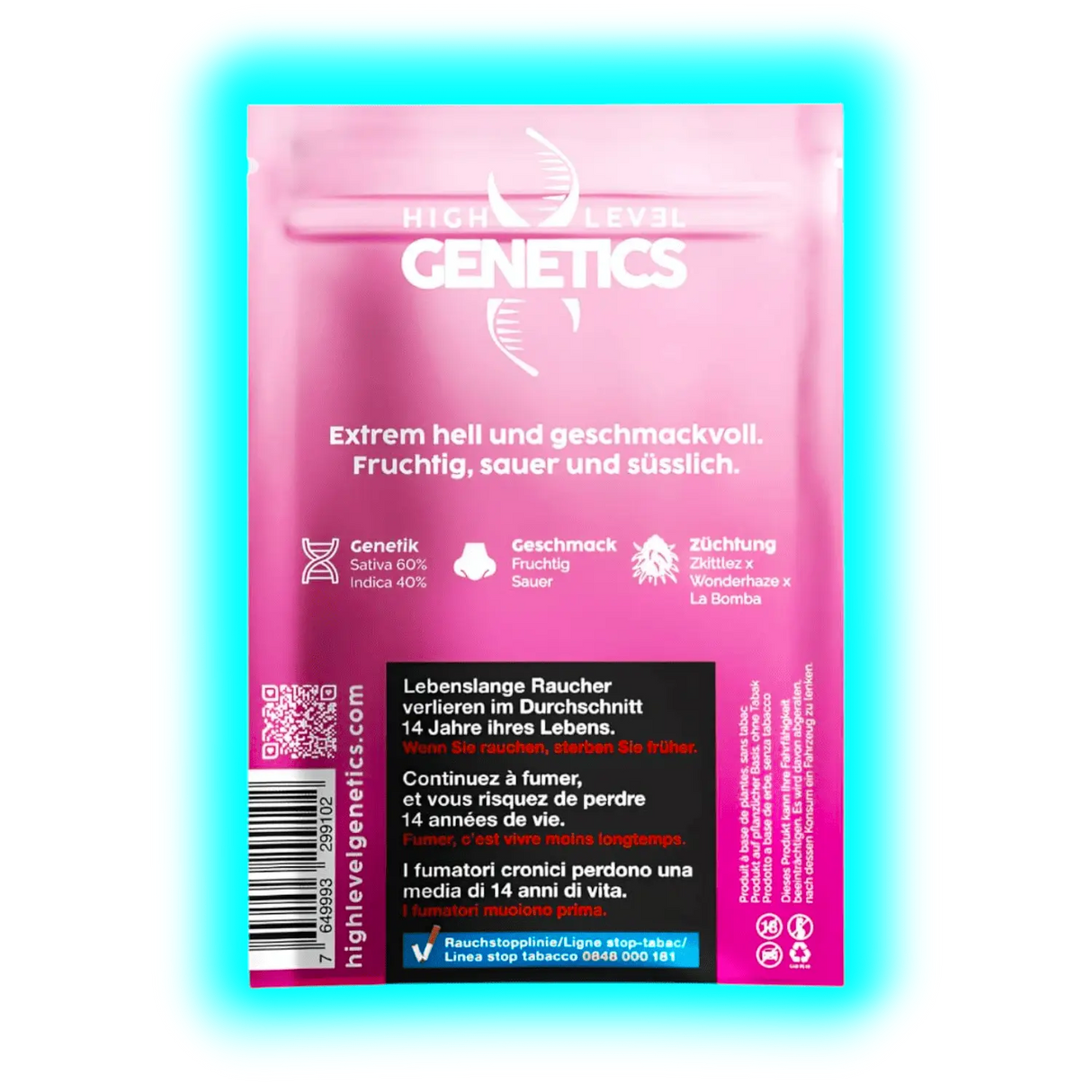 Rückseite einer pinken Verpackung mit dem Schriftzug 'HIGH LEVEL GENETICS' und Angaben zu Genetik, Geschmack und Züchtung sowie Warnhinweisen zum Rauchen in mehreren Sprachen.