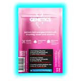 Rückseite einer pinken Verpackung mit dem Schriftzug 'HIGH LEVEL GENETICS' und Angaben zu Genetik, Geschmack und Züchtung sowie Warnhinweisen zum Rauchen in mehreren Sprachen.