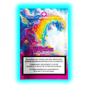 Zkittlez Best Indoor Quality – Produktansicht der bunten Verpackung inklusive obligatorischer Warnhinweise zum Rauchen.