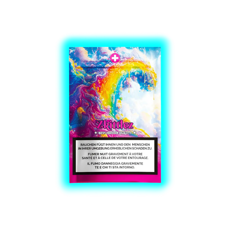 Bunte Verpackung mit dem Schriftzug 'Zkittlez BEST INDOOR QUALITY' und einem Warnhinweis in Deutsch, Französisch und Italienisch über die gesundheitlichen Schäden des Rauchens