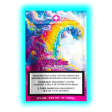 Nahaufnahme: Bunte Zkittlez-Verpackung (9g/50.-) mit Analysewerten (25% CBD) und dreisprachigen Warnhinweisen.
