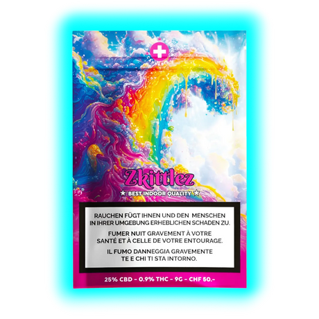 Nahaufnahme: Bunte Zkittlez-Verpackung (9g/50.-) mit Analysewerten (25% CBD) und dreisprachigen Warnhinweisen.