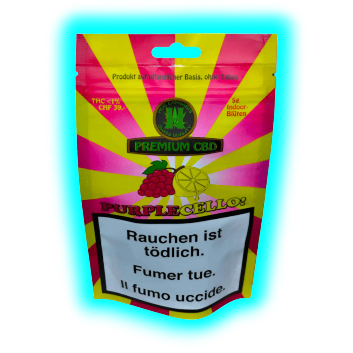 „Purplecello Premium CBD – Fruchtiges Design mit Traube und Zitrone auf energetischem Strahlenhintergrund und zentralem Cannabisblatt-Logo