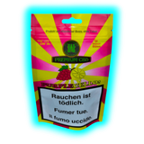 „Purplecello Premium CBD – Fruchtiges Design mit Traube und Zitrone auf energetischem Strahlenhintergrund und zentralem Cannabisblatt-Logo