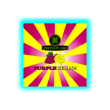 Grafik mit gelb-rotem Strahlenmuster, oben ein schwarzer Kreis mit grünem Cannabisblatt und Text, darunter Schriftzug 'PREMIUM CBD', darunter Trauben- und Zitronensymbol und Schriftzug 'PURPLECELLO!'