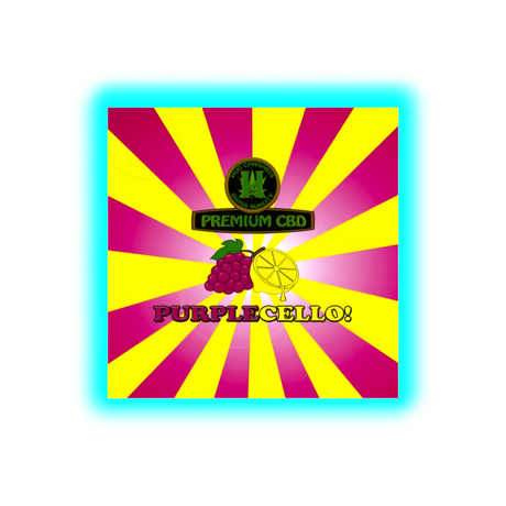 Grafik mit gelb-rotem Strahlenmuster, oben ein schwarzer Kreis mit grünem Cannabisblatt und Text, darunter Schriftzug 'PREMIUM CBD', darunter Trauben- und Zitronensymbol und Schriftzug 'PURPLECELLO!'