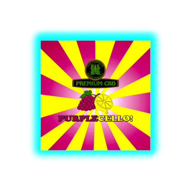 Grafik mit gelb-rotem Strahlenmuster, oben ein schwarzer Kreis mit grünem Cannabisblatt und Text, darunter Schriftzug 'PREMIUM CBD', darunter Trauben- und Zitronensymbol und Schriftzug 'PURPLECELLO!'