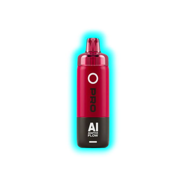 Rotes und schwarzes E-Zigaretten-Gerät mit der Aufschrift 'O PRO' und 'AI ADAPTIVE FLOW'