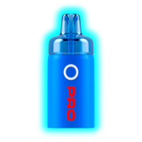 Blauer, zylindrischer Vape-Pod mit transparentem Mundstück und roter Aufschrift 'PRO' unter einem weißen Kreis