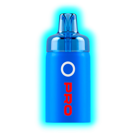 Blauer, zylindrischer Vape-Pod mit transparentem Mundstück und roter Aufschrift 'PRO' unter einem weißen Kreis