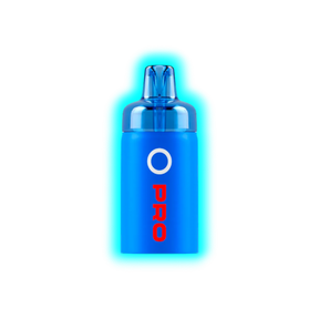 Blauer, zylindrischer Vape-Pod mit transparentem Mundstück und roter Aufschrift 'PRO' unter einem weißen Kreis