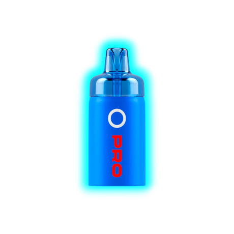 Blauer, zylindrischer Vape-Pod mit transparentem Mundstück und roter Aufschrift 'PRO' unter einem weißen Kreis