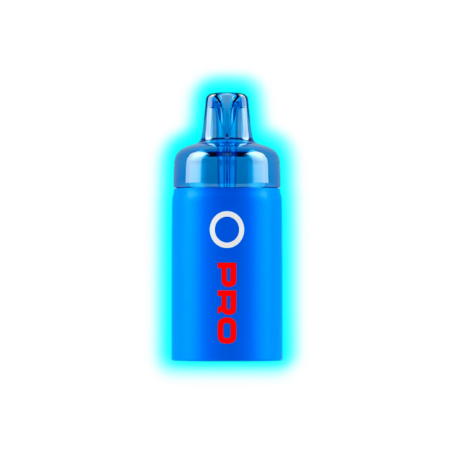 Blauer, zylindrischer Vape-Pod mit transparentem Mundstück und roter Aufschrift 'PRO' unter einem weißen Kreis