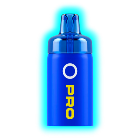 Blauer Vape-Pod mit der Aufschrift 'O PRO' in gelber Schrift