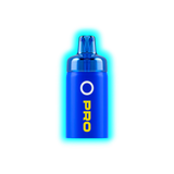 Blauer Vape-Pod mit der Aufschrift 'O PRO' in gelber Schrift