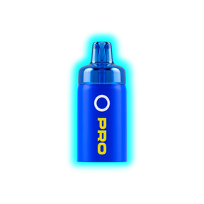 Blauer Vape-Pod mit der Aufschrift 'O PRO' in gelber Schrift