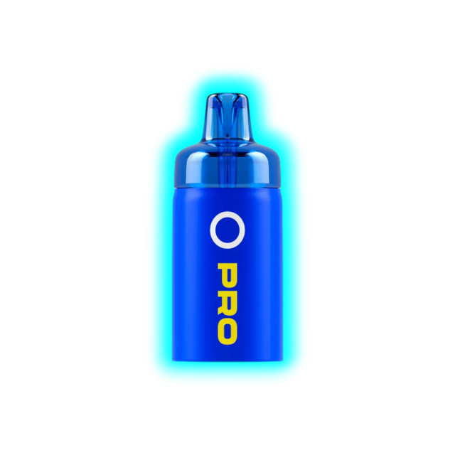 Blauer Vape-Pod mit der Aufschrift 'O PRO' in gelber Schrift