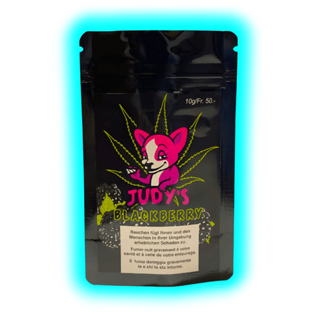 Judy's Blackberry CBD – Schwarze Verpackung mit Fuchs-Branding, Hanf-Motiv und gesetzlichen Warnungen (DE/FR/IT) zum Rauchen