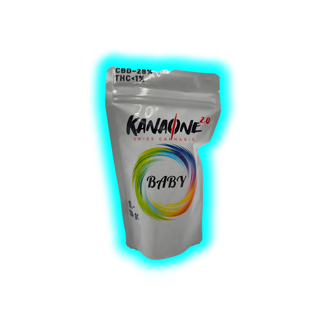 Verpackung mit der Aufschrift 'KANAONE 2.0 SWISS CANNABIS BABY' und Angaben 'CBD-28%' und 'THC-1%'