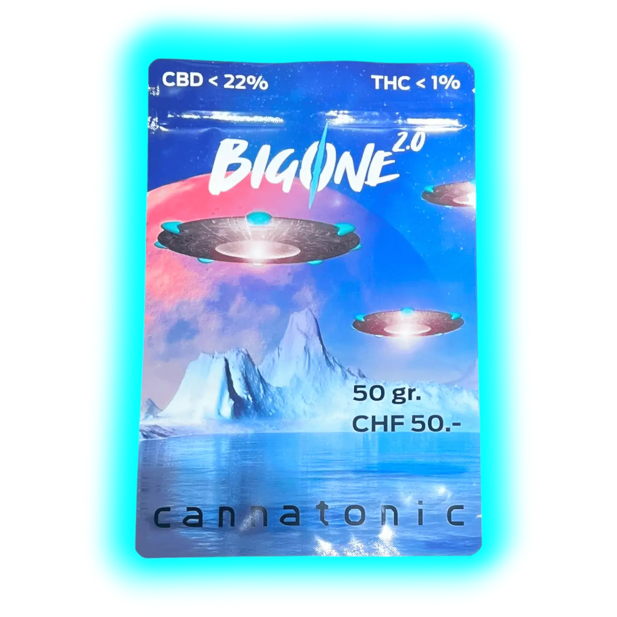 Verpackung mit Sci-Fi-UFO-Motiv, QR-Code und Barcode neben mehrsprachigen Warnhinweisen zu den Risiken des Rauchens.